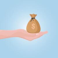 a hand holding a bag of money with a dollar sign on it. vector