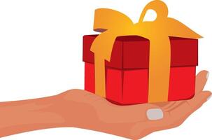 a hand holding a red box with a yellow ribbon on it. vector