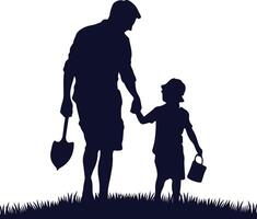 Father and Son Walking on grass Silhouette vector