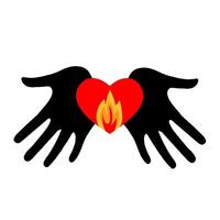 Burning heart. the power of hands holding a lit heart vector