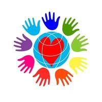 Globe with colored hands of kids around. vector
