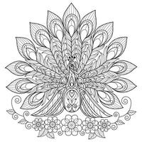Beautiful flowers and peacock hand drawn for adult coloring book vector