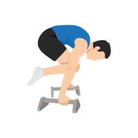 Man doing Tuck planche calisthenics exercise with parallettes. vector
