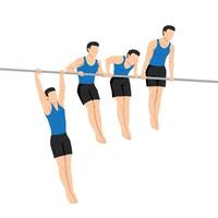 Man doing 4 steps of Muscle up on bar calisthenics movement. vector