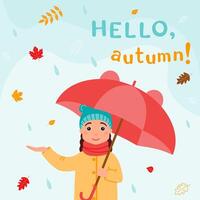 A joyful girl in autumn clothes hides under an umbrella from the rain and catches drops. vector