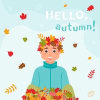 Hello, autumn A happy boy with a wreath of leaves on his head is sitting in a pile of colorful leaves. vector