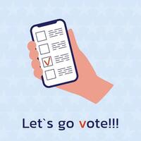 A hand holds a phone with an electronic voting ballot. Electronic voting. Voting online. vector