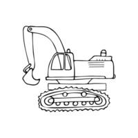 Hand drawn illustration in cartoon style. Linear drawing of a crawler excavator with a bucket on a white background. vector