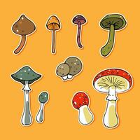 Set of stickers with cartoon magic mushrooms. Fantasy toadstools, hallucinogenic mushrooms, hand drawn and isolated on an orange background. vector