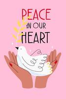Concept world peace day postcard with dove in hand vector