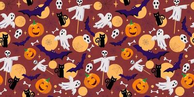 Festive halloween icons. Pattern seamless. Bat, ghost, skeleton, bones, pumpkin. black cat, web, stars and moon. Continuous texture, festive background for packaging, textile. vector