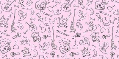 Halloween seamless pattern. Hand drawn icons set. Color background. Holiday icons and attributes. Drawing, doodle. vector