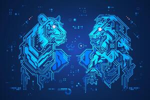 futuristic digital lion versus technological tiger, shape of lion and tiger head combined with electronic board, concept of powerful technology confrontation vector