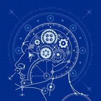 concept of deep learing or machine learning, graphic of head shape combined with blueprint element vector