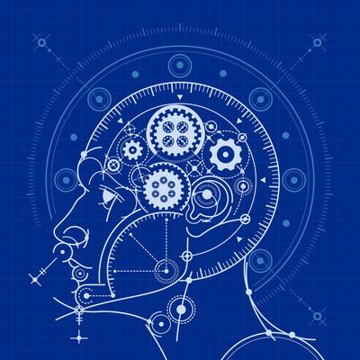 concept of deep learing or machine learning, graphic of head shape combined with blueprint element