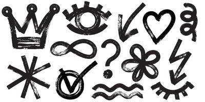 Collection of black charcoal graffiti various geometric shapes. Bold marker brush drawn curved doodle elements for templates and collages. Punk and grunge style vector