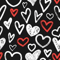 Seamless pattern with hand drawn hearts in brush stroke texture paint style on black. Romantic print for valentines day. Great for textile, fabric, wallpaper, wrapping, scrapbook and packaging vector