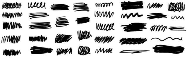 Set of charcoal pencil curly lines, squiggles and shapes. Grunge pen scribbles collection. Bright color charcoal or chalk drawing vector