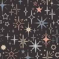 Seamless pattern with and drawn star sparkle shine. Charcoal pen drawn star shine glow, spark glitter, sparkle light. Modern print for textile, fabric, wallpaper, wrapping, scrapbook and packaging vector