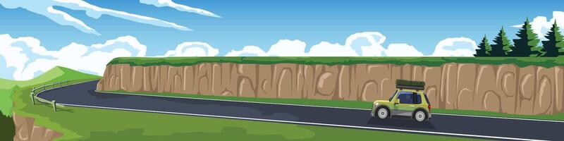 Horizontal or Landscape view of travelling car with rack. Drive on asphalt road to hill. Ahead is a steep uphill curve. Driving man inside of car. Background of mountain under blue sky and clouds. vector