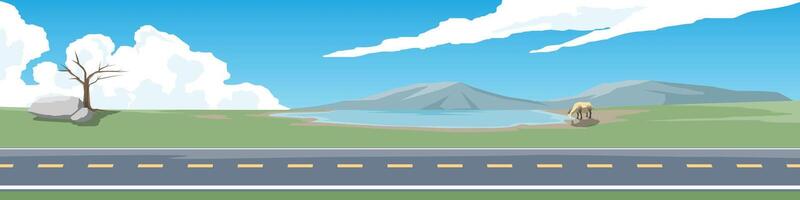 Horizontal and landscape of asphalt road. Wide open field with a river basin in the middle. And buffaloes drinking water by the river. Background of mountain under blue sky and white clouds. vector