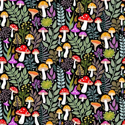 Half Drop Seamless Pattern of Mushrooms with Bright Hats, Herbs and Leaves on Black Background. Wallpaper Design for Textiles, Fabrics, Papers, Fashion Prints, Wrappings, Covers.