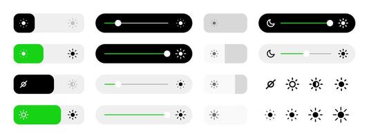 Brightness level icon set. Screen brightness settings interface element collection flat style design. Display bright indicator. Light control button, slider, adjustment on white background. vector