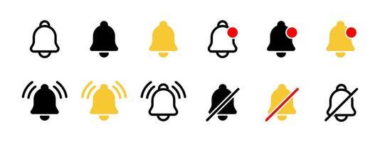 Notification icon status collection. Notification bell icon set. Reminder signal illustration. Turn off notice sound pictogram. Ringing bell symbol. Alarm icon for web or app interface vector