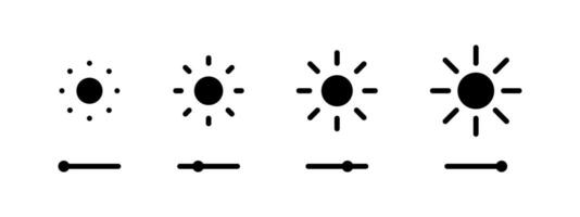Screen brightness slider icon set. Display brightness control buttons collection with apple style design. Sun light level indicator. Contrast and saturation monitor settings pictogram. vector