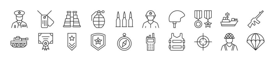 Set of thin line icons of army. Editable stroke. Simple linear illustration for web sites, newspapers, articles book vector