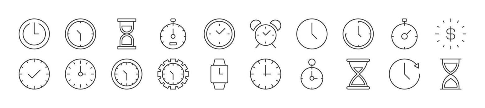 Set of thin line icons of clock as time. Editable stroke. Simple linear illustration for web sites, newspapers, articles book vector
