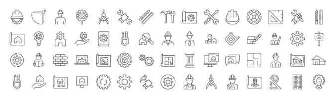 Collection of Line Icons of builder, engineer, repair and renovation for Adverts. Suitable for books, stores, shops. Editable stroke in minimalistic outline style. Symbol for design vector