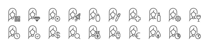 Collection of thin line icons of female user by items. Editable stroke. Simple linear illustration for web sites, newspapers, articles book vector