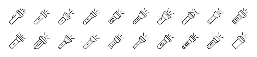 Set of line icons of flashlight. Editable stroke. Simple outline sign for web sites, newspapers, articles book vector