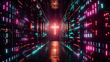 Digital Christian cross god Jesus Christ technological background religion illustration modern computer internet religious shining glowing data science accessible Bible spiritual video