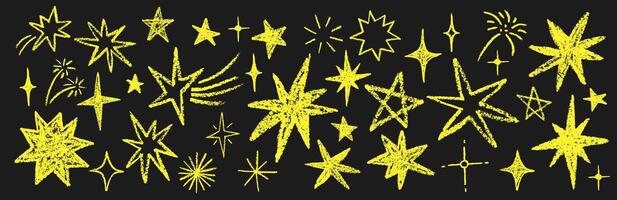 Crayon pencil stars and sparkles doodle set. Twinkle and bling in hand drawn style. illustration. vector