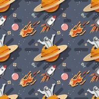 Seamless pattern an astronaut in outer space climbs out of planets with rings flat childrens doodles vector