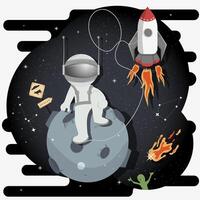 An astronaut in a spacesuit in outer space sits on the red planet with craters flat childrens doodles vector