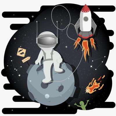An astronaut in a spacesuit in outer space sits on the red planet with craters flat childrens doodles