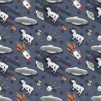Seamless pattern cow with UFO in outer space flat childrens doodle vector