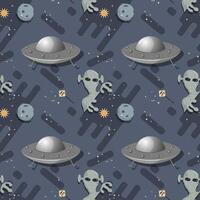 Seamless pattern an alien in outer space around a UFO flat childrens doodle vector