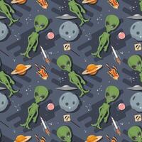 Seamless pattern an alien in outer space among the planets flat childrens doodles vector
