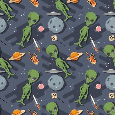 Seamless pattern an alien in outer space among the planets flat childrens doodles