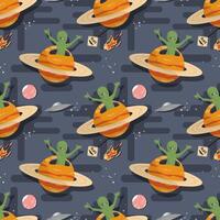 Seamless pattern an alien appears from a planet with rings in outer space flat childrens doodle vector