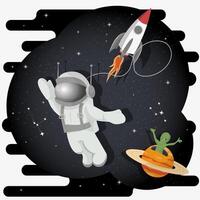 an astronaut in a spacesuit in outer space against the background of a planet from which an alien appears flat childrens doodles vector