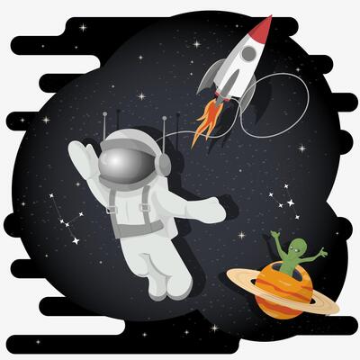 an astronaut in a spacesuit in outer space against the background of a planet from which an alien appears flat childrens doodles