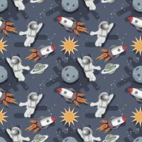Seamless pattern an astronaut in a spacesuit among the stars and planets in outer space flat childrens doodles vector