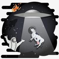 An astronaut in a spacesuit in outer space watches the abduction of a UFO cow flat childrens doodles vector