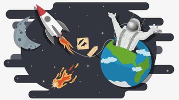 An astronaut climbs out of the bowels of planet Earth against the background of space and UFOs flat childrens doodles vector