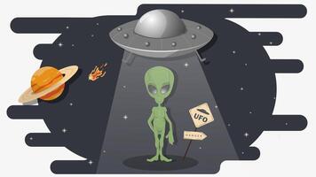 A flying saucer from outer space takes an alien aboard flat childrens doodles vector